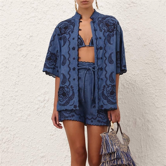 Zimmermann Aster Embroidered Denim Shorts, Railway Blue 